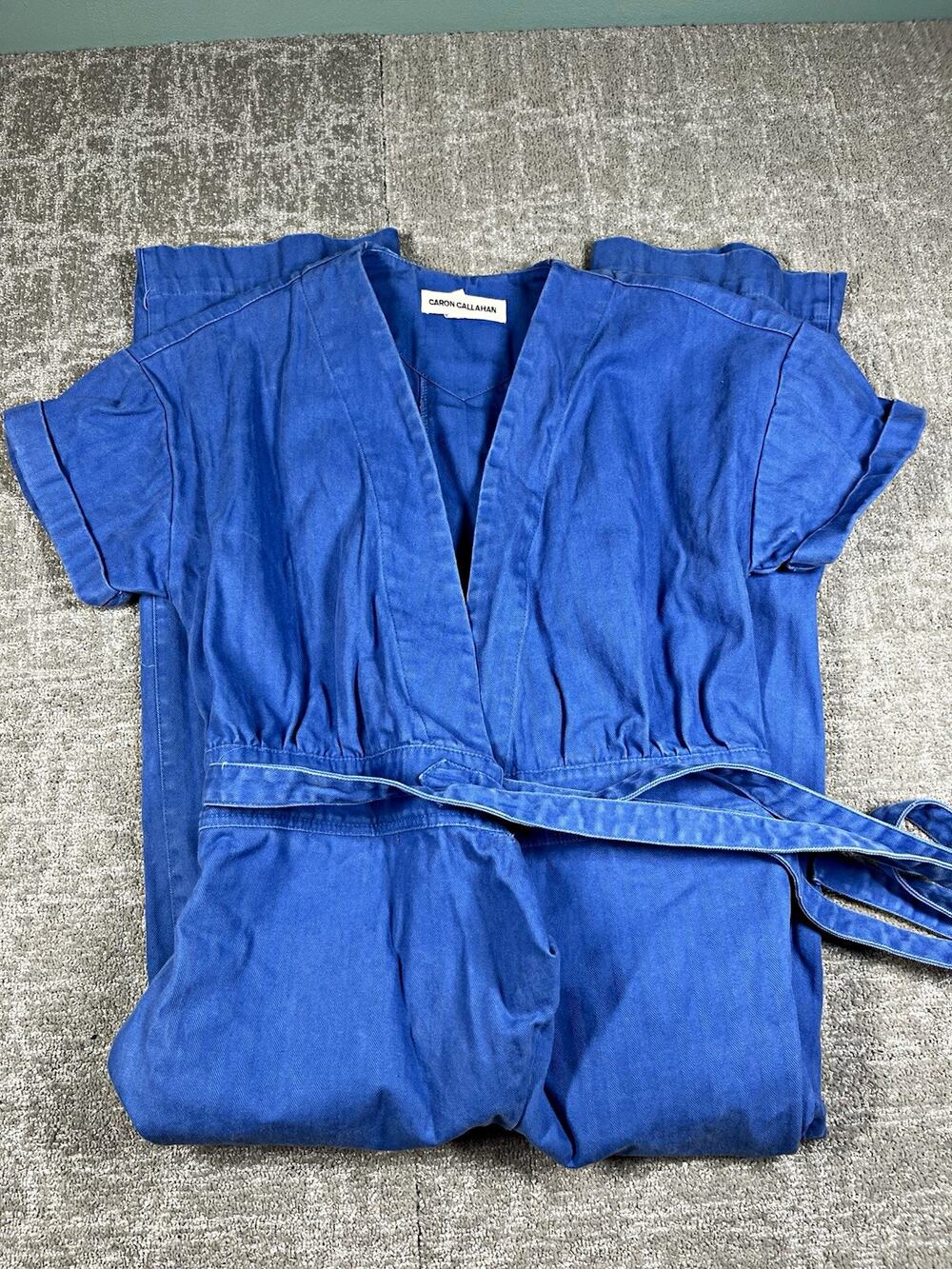 Caron Callahan Blue Cotton Odile Jumpsuit V-Neck Wide-Leg Belted S USA